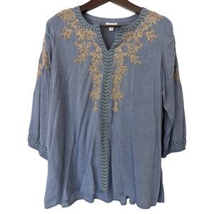 J. Jill Womens Blue Embroidered Chambray Tunic Top 3/4‎ Sleeve Viscose Rayon M